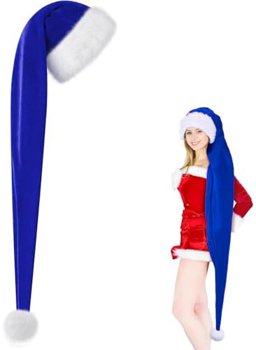 150cm Plüsch Nikolausmütze,Warm Dicker Saphir blau Nikolaus Mütze für Erwachsene Weihnachtszubehör,Deluxe-Weihnachtsmannmützen mit Samt und Plüschbesatz für Weihnachts Geschenke Weihnachtsfeier Liefer