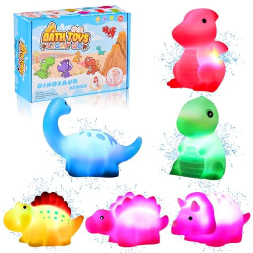 6 Stück Dinosaurier Badewannen Spielzeug Baby,LED Dinosaurier Badespielzeug Kinder,Dinosaurier Schwimmendes Badewanne Spielzeug,Duschspielzeug mit Licht Badespielzeug Baby für Kinder Jungen Mädchen