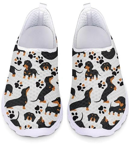 Kuiaobaty Damen-Wanderschuhe, Schweine-Welpen-Blumenmuster, zum Reinschlüpfen, leicht, für Arbeit, Freizeit, atmungsaktiv, Netzstoff, flacher Trainer, Dackel-Hundepfoten, 39 EU