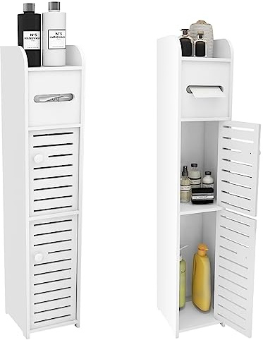 Supporto carta igienica, colonna con porta rotolo di carta, supporto per rotolo e porta scopino 2 in 1, piccolo mobile bagno, salvaspazio, piccoli spazi, (bianco, 17 x 15 x 78 cm)