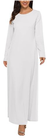 Womens Long Sleeve Maxi Dress for Muslim Ladies Loose Long Dress Pull-On Soft Kaftan Abaya Dress Full Cover Jilbab Islamic Dubai Robe Prayer Clothes 001 White S