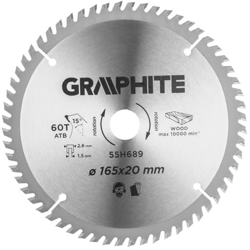 GRAPHITE Kreissägeblatt 165 x 20 mm ideal für Holz - Sägeblatt, Widia - Hergestellt aus stahl C50 (Zähne aus Wolframkarbid, 165 mm Durchmesser, 20 mm Sägeblattbohrung, 60 Zähne)