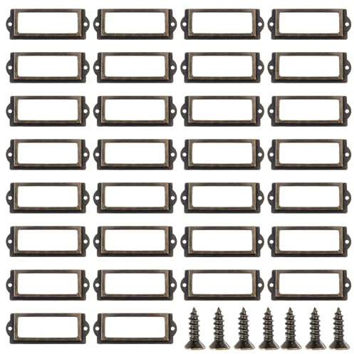 GLOBLELAND 30Pcs Antique Brass Label Holders 1.2x3.2inch Iron Card Frame with Screws File Drawer Cabinet Card Tag Label Holder Iron Card Frame Cabinet Name Plates for Office Drawers Shelves