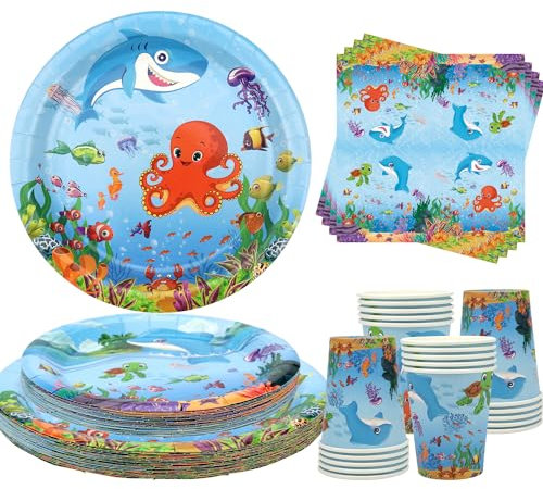 ENCETARDE - Forniture per feste sotto il mare - Stoviglie per feste sul mare - 80 pezzi - Blu - Decorazioni per occasioni speciali