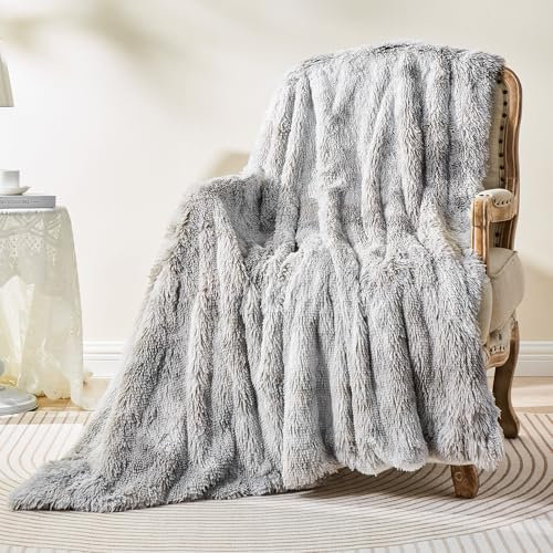 EMME Cuddly Fluffy Blanket, 220 x 240 cm, Faux Fur Wool Blanket, Super Soft, Plush, Warm Cosy Reversible Fleece Blanket, Fur Blanket Throw for Sofa and Bed, Tie Dye Light Grey
