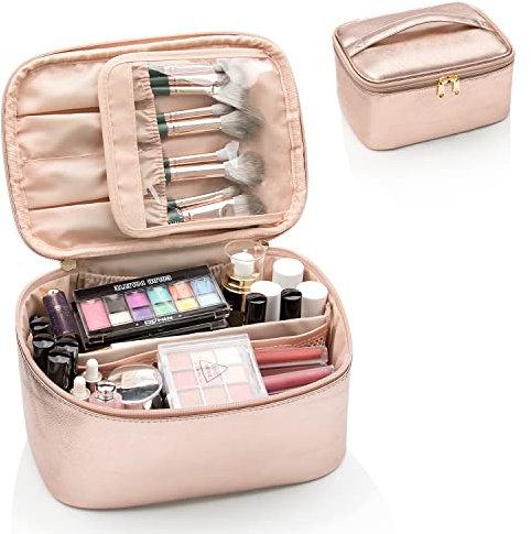 Make-up-Tasche, Tragbare Kosmetische Tasche, Reise-Make-up-Fall-Organisator der großen Kapazität, Schwarz für Frauen-Toilettentasche für Mädchen, die mit Griff und Teiler Reisen (roségold)