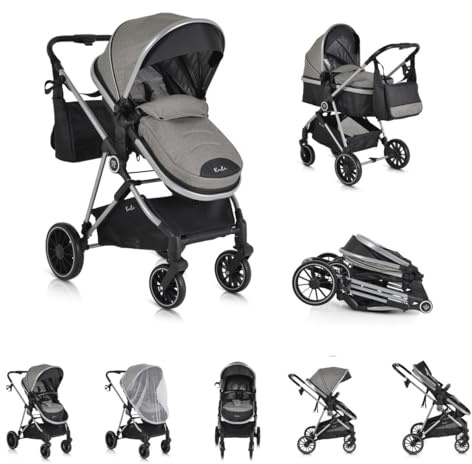 Moni Kombikinderwagen 2 in 1 Kali 22 kg umbaubar, Korb, Getränkehalter, Tasche, Farbe:grau