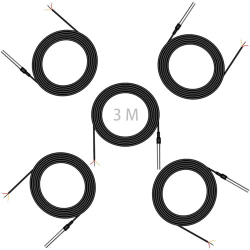 ENOPYO Digitaler Temperatursensor 3M,Edelstahl Wasserdichte Sonde Temperaturfühler,Kompatibel mit Shelly Temperatursensor addon,Arduino,Raspberry Pi,Auto,Industrie,Inklusive E-book(5 Stk)