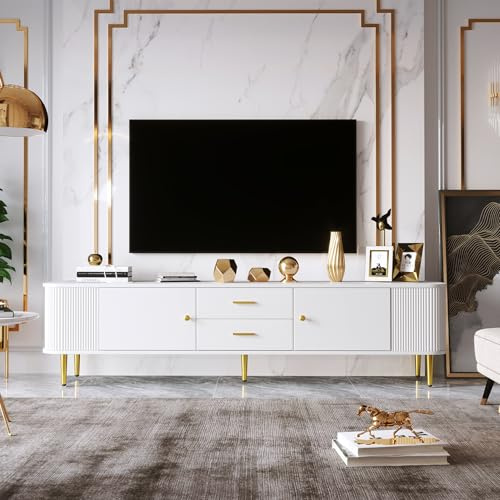BTM Meuble TV 170, Meuble TV Blanc avec 2 Tiroirs et 2 Portes, Coin Arrondi, Salon, MDF, 170x34x45cm