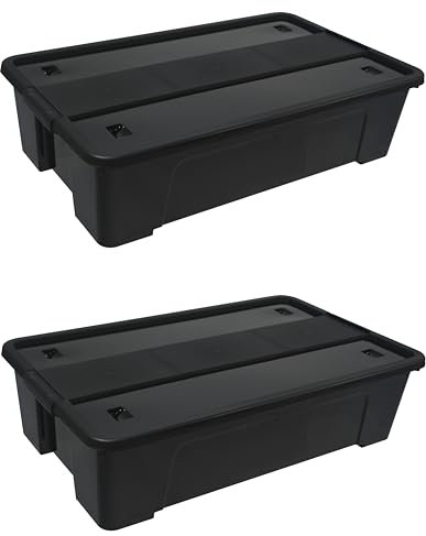 COSHANO Caja de almacenamiento pongotodo con tapa Plástica, herramientas, juguetes, ropa (PP reciclado) (35 Litros color negro con ruedas)