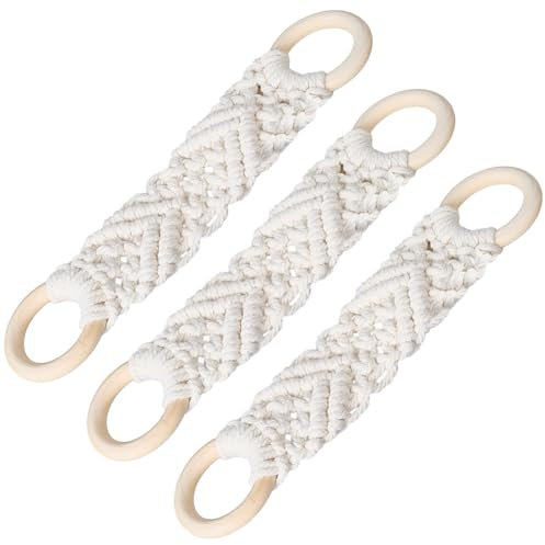 CREATCABIN 3 Porte Torchon Cuisine Coton Blanc Suspendre Porte Torchon Cuisine Bohème avec Boucle Suspension Bois Porte Torchon pour Suspendre Essuie Mains Torchons Cadeau Saint Valentin 27x10cm