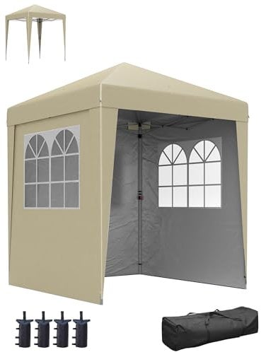 Outsunny Tonnelle de Jardin Pliante Pop-up 2 x 2 m Tente de réception Hauteur réglable 3 Niveaux Anti-UV 30+ 3 parois latérales avec 4 Sacs de Sable et 1 Sac de Transport Tissu Oxford Acier Beige