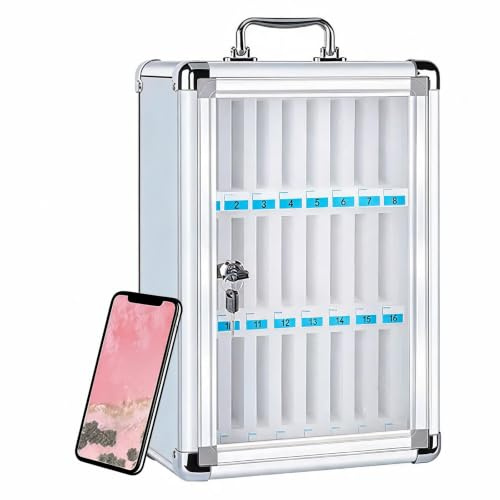 XDXINY Mobile Phone Locker 12/24/36/48/60 Slots Mobile Phone Storage Cabinet with Carry Handle, Lock, Aluminium Wall Mounted or Desktop Management Box Suitable for School, Offices (Silvery, 24 Slot)