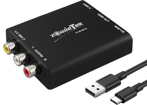 zowietek av V/RCA/CVBS zu HDMI-Konverter, keine Latenz für Spiele, Plug & Play, Aluminium tropfenbeständig, 4:3/16:9 Schalter, Typ-C-Strom, kompatibel mit Wii, N64, PS, Xbox, SNES, DVD, VHS, VHS, VCR