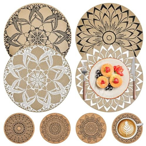 Juego de 8 manteles individuales redondos y posavasos para platos, manteles individuales para mesa de comedor, manteles individuales de PVC resistentes al calor y lavables, manteles individuales