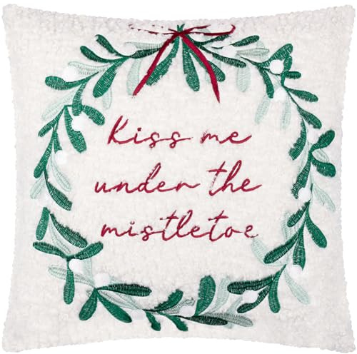 furn. Mistletoe Wreath Feather Filled Cushion (Multicolour - 45x45cm) | Bouclé Embroidered Christmas Mistletoe Velvet Reverse Decorative Pillow