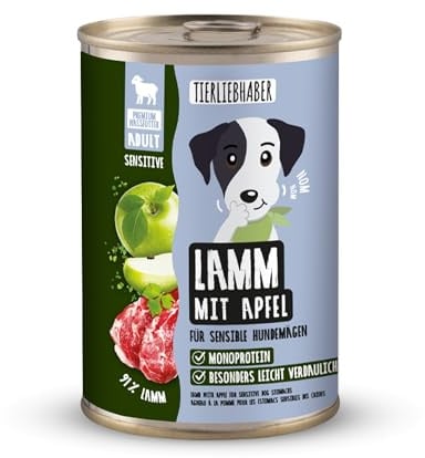 TIERLIEBHABER – Hundefutter Nass 400g Lamm mit Apfel – Von Tierärzten entwickelt – Nassfutter Hund mit 91% Fleischanteil – Dog Food als Hundenassfutter 400g Dosen
