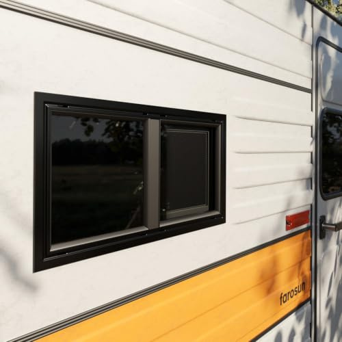 Farosun Wohnwagen Fenster 55x26 cm, E4, Schiebefenster für Wohnmobil und Caravan mit integriertem Insektenschutz, Seitenfenster für Camper, Aluminiumrahmen, getöntes Sicherheitsglas, UV-beständig