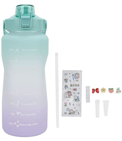plplaaoo Sports Water Bottle 2000ml Gradient Frosted Water Bottle with Handle Straw Silicone Hose for Running Cycling Hiking Gym Office Home (green cover gradient)