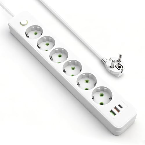 6 Fach Steckdosenleiste mit USB, 9 in 1 Mehrfachsteckdose mit 2 USB-A & 1 USB-C, Mehrfachstecker Verteilersteckdose mit 1,8 m Verlängerungskabel, Wandmontage, 2500W, 10A, 250V, Weiß