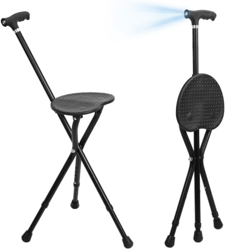 Faltbarer Gehstock mit Sitz & LED-Licht, Höhenverstellbarer Gehstock für Senioren, Anti-Rutsch, Maximale Belastung 200 kg, Aluminium-Sitzstock für Ältere, Behinderte,für Indoor & Outdoor