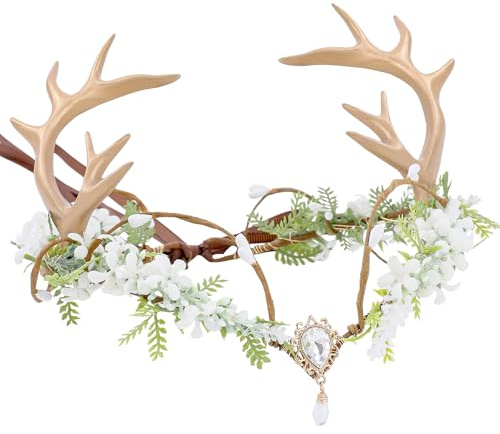 MOSTORY Geweih Kopfschmuck für Waldelfe Kostüm Damen, Elfe Krone mit Blumen und Edelsteine für Cosplay Karneval Blumenkranz Haare