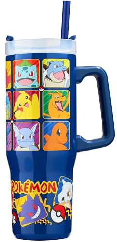 Get Trend Pokemon Thermobecher 920ml, Edelstahl Trinkflasche mit Strohhalm und Henkel, 42H Eis 12H Kalt und 8H Heiß, BPA Frei, Geschenkidee (Multi Pokemon)