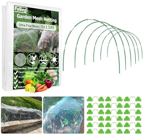 Garden Hoops and Netting Set for Raised Bed Greenhouse, 3x15m Ultra Fine Mesh Garden Insect Netting Bug Net Pest Barrier, 36pcs 8ft Greenhouse Grow Tunnel Hoops Frame Bird Mosquito Netting