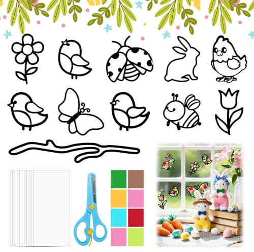 22 Stück Basteln Frühling Ostern Basteln Fensterbilder Frühling Bastelset Fenster Deko mit Blumen, Küken, Schmetterlingen, Frühlingsdeko, Fensterbilder Ostern