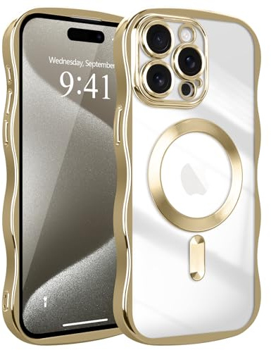 Ethanger Magnetic Wave Glitter Case for iPhone 15 Pro, Gold | Compatible with MagSafe, Wave Edge Cover, Glitter Phone Case, Shockproof Protective Case for Women