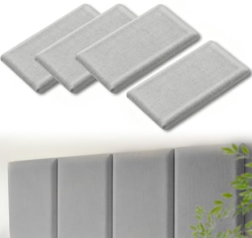 Lot de 4 Panneaux Muraux Rembourrés - 40 x 20 cm - Coton Lin - Coussin Mural Auto-Adhésif - Anti-collision - Pour Chambre à Coucher, Chambre d'enfant, Bureau, Couloir (Gris Clair)