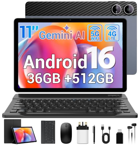 11 Inch Tablet, Android 16, 36 GB RAM+512 GB/1TB TF, Dual SIM 4G LTE + 5G/2.4GHz WiFi, Octa-Core, Widevine L1/Gemini AI/GPS/OTG/3.5mm Jack/BT/13MP, Tablets with Keyboard/Mouse/Stylus/Earphone/Case
