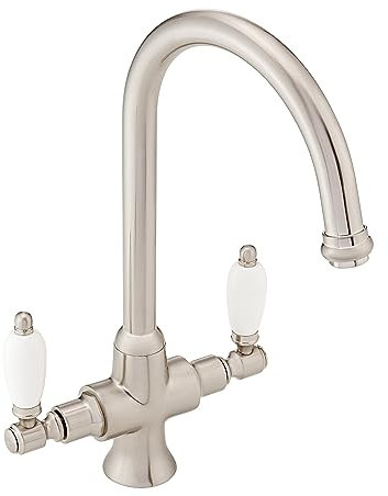 ENKI, Dorchester, KT060, Brushed Nickel Dual Flow Kitchen Sink Mixer Tap for Basin, with Twin White Levers Swivel Spout Perfect for Double Bowl Sinks, Easy and Safe to use Drip Free Ceramic Valve