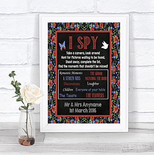 Floral Chalk Board Style I Spy Table Cameras Personalised Wedding Sign Print