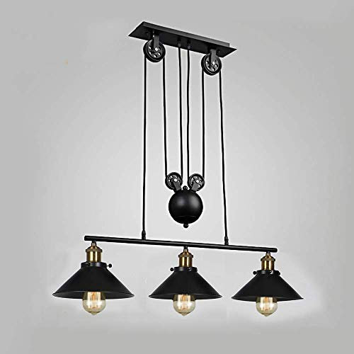 Industrielle Vintage Deckenpendelleuchte, Retro Riemenscheibe aufgehängt Rise and Fall Hängelampe E27 Antike verstellbare schwarze Metallrohr Kronleuchter, Lampe für Kitchen Island Bar Flur Esszimmer