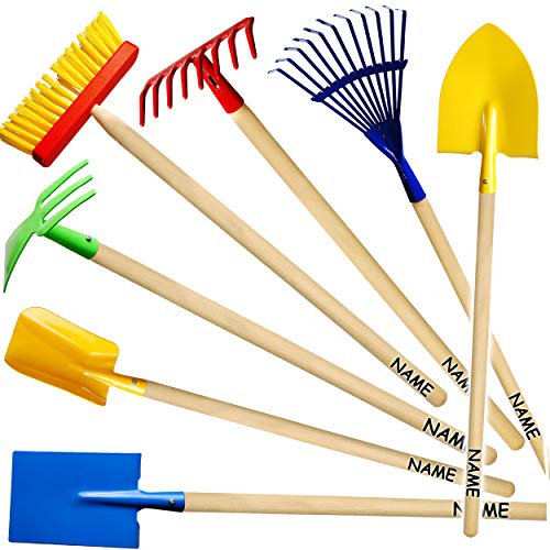 alles-meine.de GmbH 7 TLG. Set: Kinder - Spaten + Schaufel + Besen + Rechen + Harke + Hacke + Spatenschaufel - inkl. Name - aus Holz & Metall - bunt - 80 cm lang - stabile Garten..