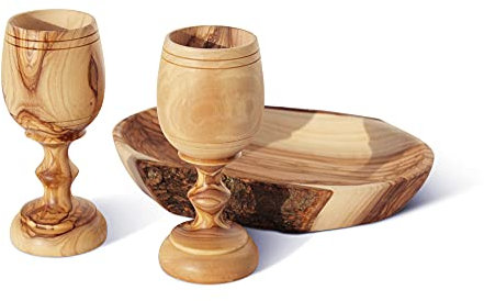 Kommunionsbecher-Set, natürliches Brottablett aus Holz mit 2 großen, handgefertigten, geschnitzten Olivenholzbechern, Kelch des Abendmahls, ideal für Hochzeitsgeschenke, religiöse Anlässe oder