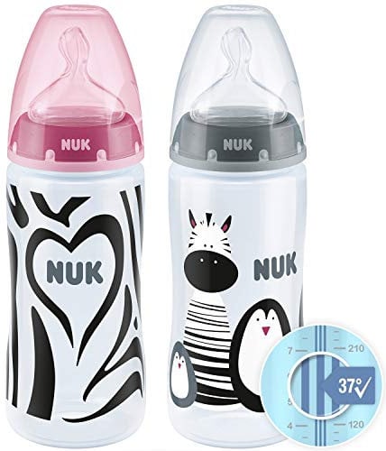 NUK First Choice+ Baby Bottles Set | 0-6 Months | Temperature Control | 300 ml | Anti Colic Vent | Silicone Teat | BPA-Free | 2 Count | Monochrome Animals (Pink and Grey)