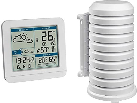 TFA Dostmann SKY Funk-Wetterstation, 35.1152.02,Wetterstation Funk mit Außensensor, Wettervorhersage, Funkuhr, innen und außen & Schutzhülle für Sender Artikel, 98.1114.02, leicht zu montieren, weiß