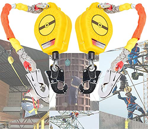 Höhensicherungsgerät, Absturzsicherung für Dachdecker und Aufzug Reparieren, Personenfallbegrenzer mit Stahlseil und Haken, Fallschutz Abseilgerät mit Automatischer Sperrfunktion, 2er Set