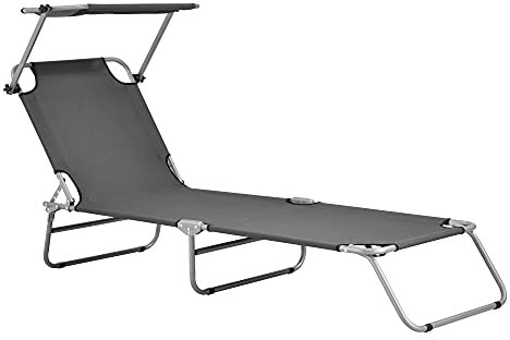 casa.pro Sonnenliege mit Dach Argozelo Liegestuhl klappbar Strandliege bis 110 kg Dunkelgrau Gartenliege mit Rückenlehne verstellbar 186 x 55 x 24 cm Stahlgestell