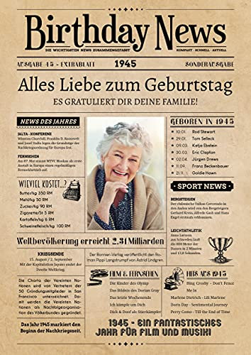 PRINTALA Geburtstagszeitung - personalisiert mit Deinem Text & Foto | Jahrgang nach Wahl | Posterdruck (1945)
