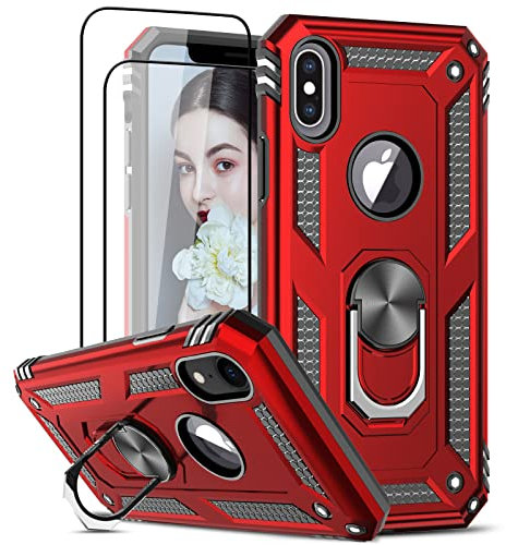 LeYi Hülle für iPhone X Handyhülle iPhone XS mit Panzerglas Schutzfolie(2 Stück),360 Grad Ring Halter Militärische Rüstung Handy Hüllen Stoßfest Cover Schutzhülle Case Rot