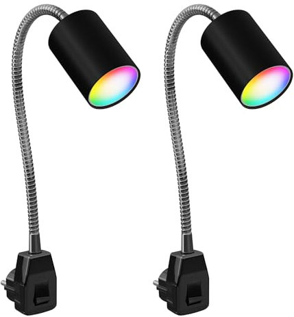 ledscom.de 2 Stück GU10 Steckdosenlampe WAIKA Schwanenhals, Schalter, schwarz inkl. Smart Home RGBW GU10 LED