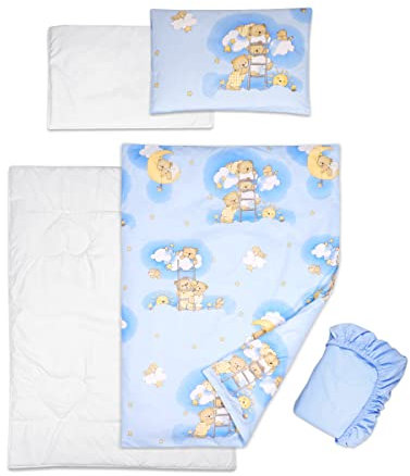 5 Piece Baby Bedding Duvet Pillow with Covers & Jersey Sheet fits 120x60cm Cot Bed (Ladders Blue)