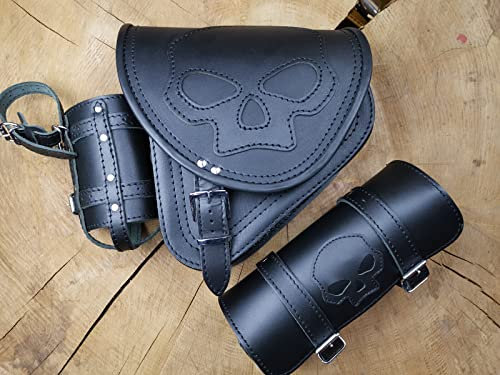 ORLETANOS Diablo Skull Set inkl. Werkzeugrolle Schädel kompatibel mit Harley Davidson Schwingentasche Rolle HD Satteltasche Komplettset Leder Echtleder schwarz Tool roll Box