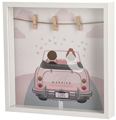 Bada Bing 3 D Bilderrahmen Geldgeschenk Hochzeit groß Hochzeitskasse Wäscheklammer Gutschein Verpackung Just Married Hochzeitsreise Hochzeitsgeschenk personalisiert Holz weiß Bild Hochwertig edel 83