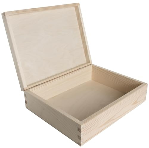 WooDeeDoo Rectangular Wooden Storage Box with Hinged Lid – 29.5 x 22.5 x 8 cm – Plain Pine Box for Crafts Gifts Décor Organisation Retail Display Painting Staining Decoupage DIY