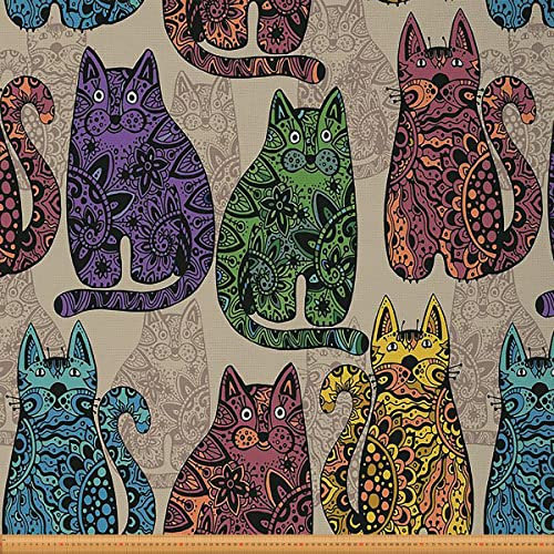 Bunter Katzenstoff Meterware Mandala Blumen Polsterstoff Retro Tier Dekostoff Boho DIY Kunst Drinnen Draußen Stoff Polster und Wohnakzente Lila Grün 920 x 150 (HxB)
