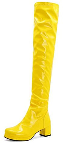 ORANDESIGNE Stivali in Vernice Donna Scarpe a Punta al Ginocchio Stivali Alti Stivali da Motociclista Moda Stivali a Punta Tonda Sexy Stivali con Tacco Grosso Autunno Inverno C Giallo 42 EU